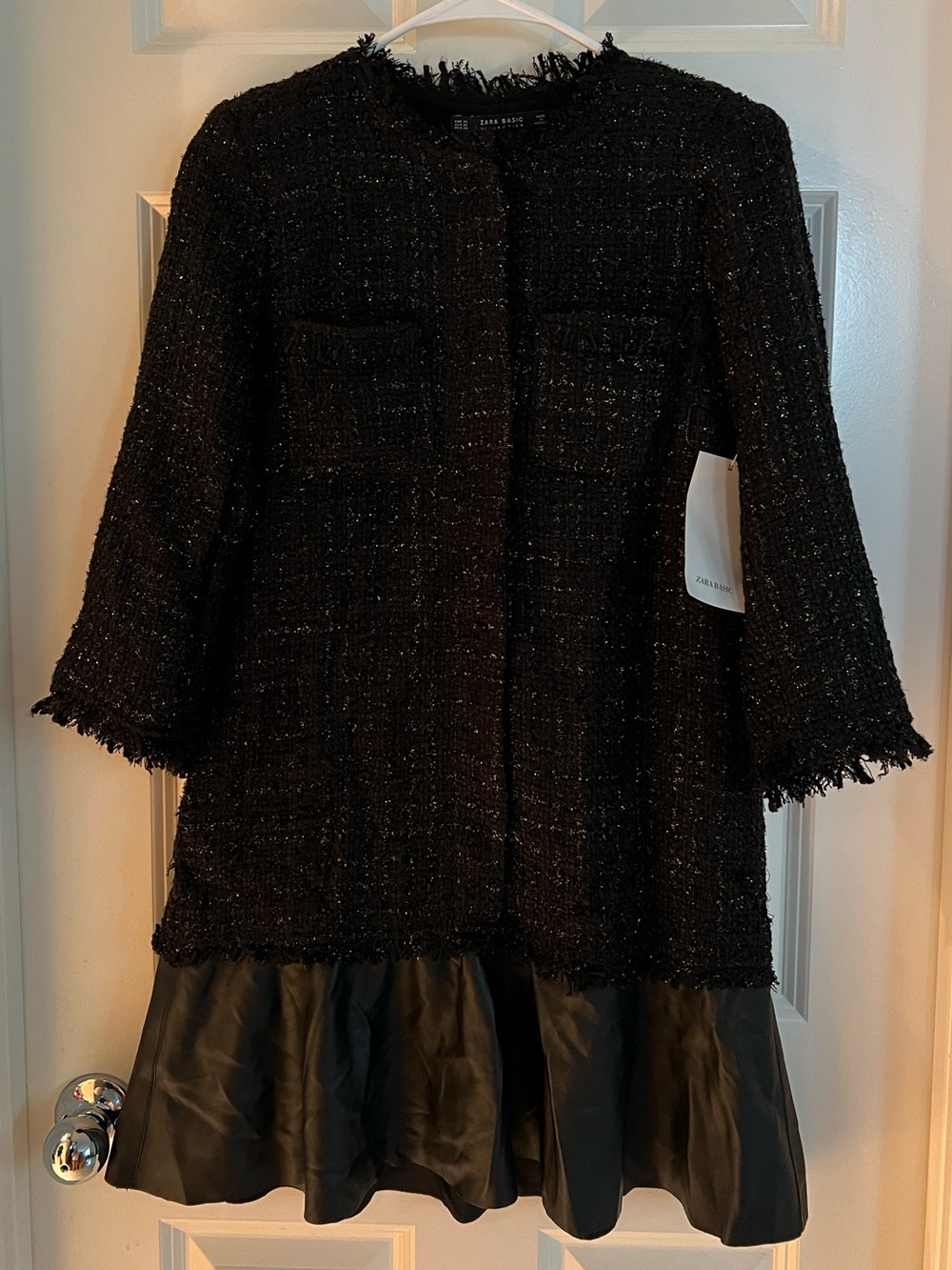 Zara Black Tweed Blazer with Ruffled Hem